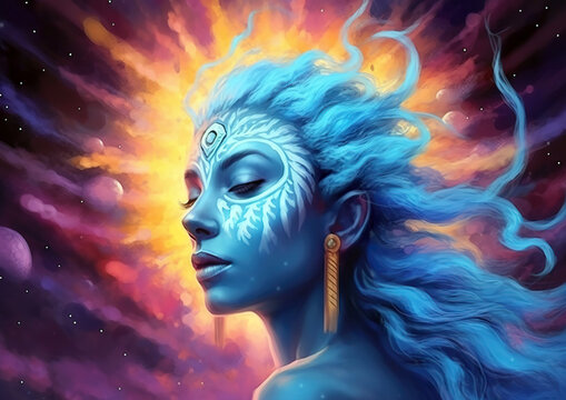 Avatar female portrait in painting style. Background with pleasant soothing colors. Generative AI.