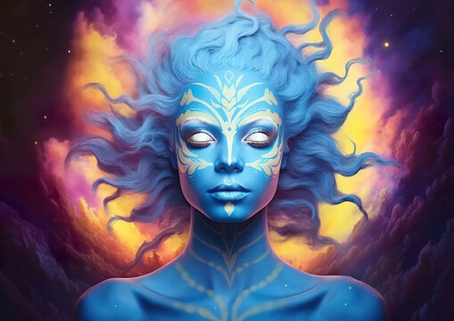 A mystical being with blue skin and intricate golden designs radiates an ethereal presence. Their flowing hair appears to merge with a vibrant, cosmic background of fiery hues. AI generated.