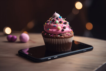 Colorful cupcake sitting on top of a smartphone with a bokeh background, AI Generative
