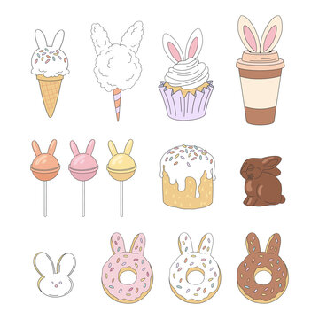 Easter sweets with bunny ears. Bakery, lollipop, donut, sweet cotton, ice cream, cake , chocolate, coffee. Vector illustration set isolated on white.