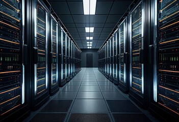 Obraz premium Modern server room, data center. Illustration by Generative AI.