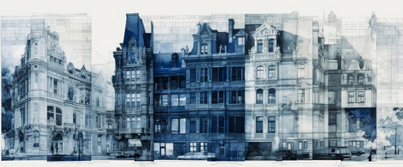 Naklejka premium Blueprints for houses, buildings and constructions, in the style of photomontage, multilayer collage. Generative Ai.