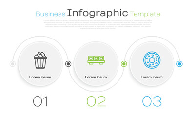 Set line Popcorn in box, Sushi on cutting board and Donut. Business infographic template. Vector