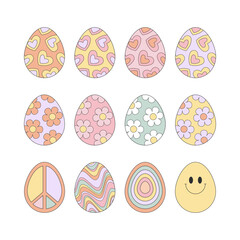 Groovy Floral Hippie Easter eggs collection vector isolated on white. Alternative Retro Easter design.