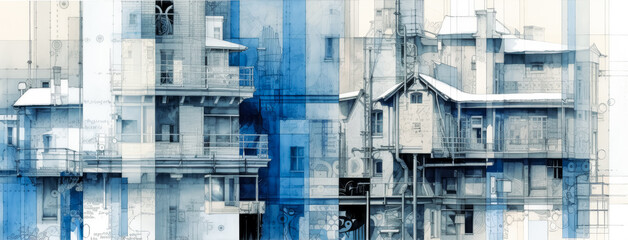Blueprints for houses, buildings and constructions, in the style of photomontage, multilayer collage. Generative Ai.
