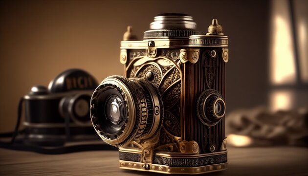 Photo camera in steampunk style. Illustration by Generative AI.