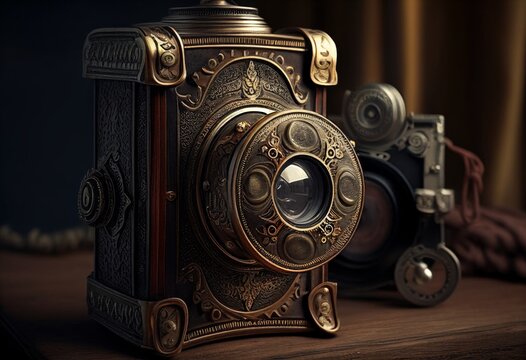 Photo camera in steampunk style. Illustration by Generative AI.