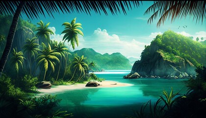 Tropical landscape with blue lagoon, white sand and palm trees. Illustration by Generative AI.