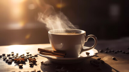 A cup of fragrant steaming coffee on the table among coffee beans.