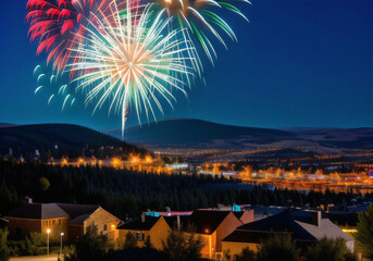 Firework display over historic town of Butte. Generative AI