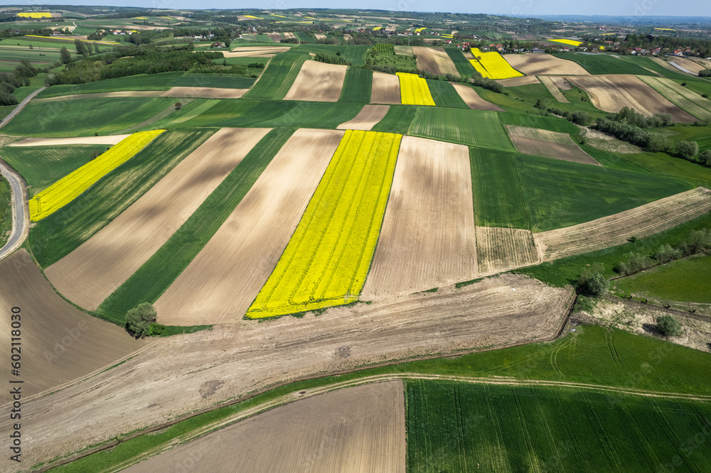 Sticker Colorful Farmland and Scenic Countryside. Aerial Drone view