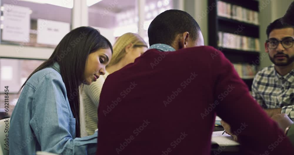 Fototapete study, writing and college with students in library for research, learning and project teamwork. sch