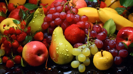 Large variety of fresh fruits, background image, top view.