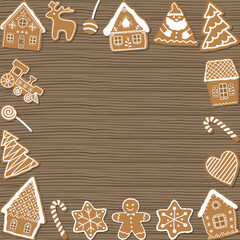 Christmas cookies on wooden background. Holiday background. Gingerbread houses, Santa Claus, deer, fir trees, gingerbread man, train, stars, heart. Vector illustration