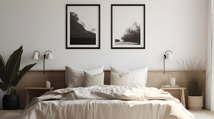 Blank white photo poster frame with black edge in modern, luxury beige brown bedroom