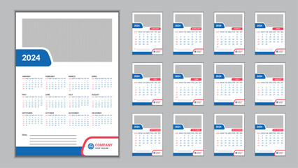2024 Wall Calendar Design Template 11.69 in x 16.54 in with 0.25 in Bleed