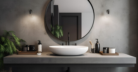 Minimal loft polished gray concrete cement bathroom vanity counter and wall, white oval ceramic washbasin, faucet, black round mirror with light for cosmetic, beauty, toiletries product background