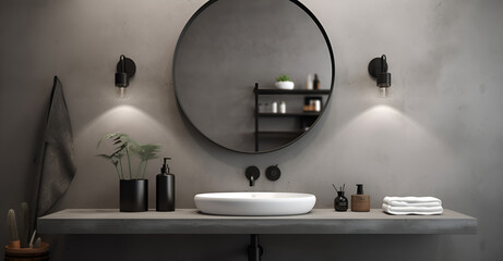 Minimal loft polished gray concrete cement bathroom vanity counter and wall, white oval ceramic washbasin, faucet, black round mirror with light for cosmetic, beauty, toiletries product background