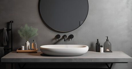 Obraz na płótnie Canvas Minimal loft polished gray concrete cement bathroom vanity counter and wall, white oval ceramic washbasin, faucet, black round mirror with light for cosmetic, beauty, toiletries product background