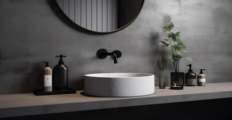 Minimal loft polished gray concrete cement bathroom vanity counter and wall, white oval ceramic washbasin, faucet, black round mirror with light for cosmetic, beauty, toiletries product background