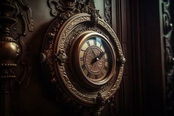 Fototapeta na wymiar Brown Gothic wall clock with jewelry-like decor. Generative AI