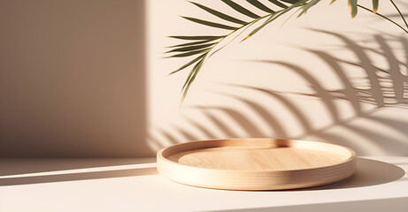 Modern, minimal round wooden podium tray on white table, palm tree in sunlight, leaf shadow on wall for luxury beauty, cosmetic, organic, nature, health, food product display 