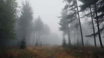 Trees in the fog. The smoke in the forest in the morning. A misty morning among the trees Generative AI