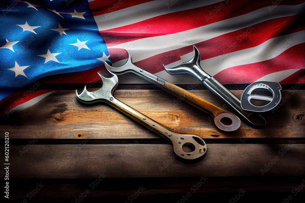 Poster top view design concept of american labor day with working tools. generative ai