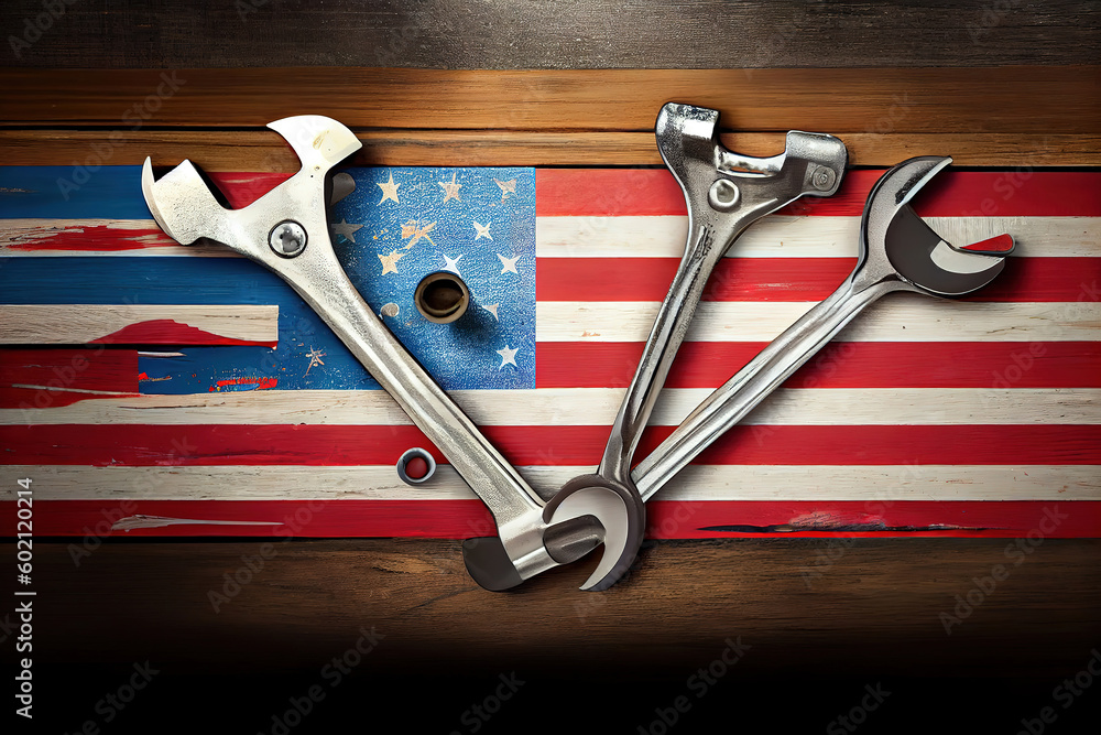 Poster top view design concept of american labor day with working tools. generative ai