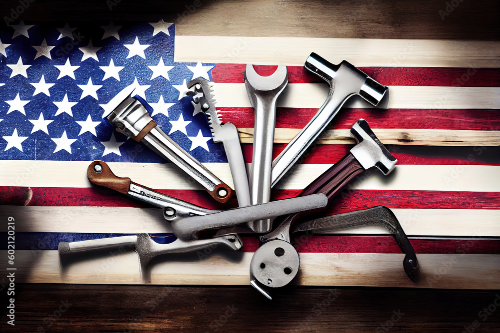 Poster top view design concept of american labor day with working tools. generative ai