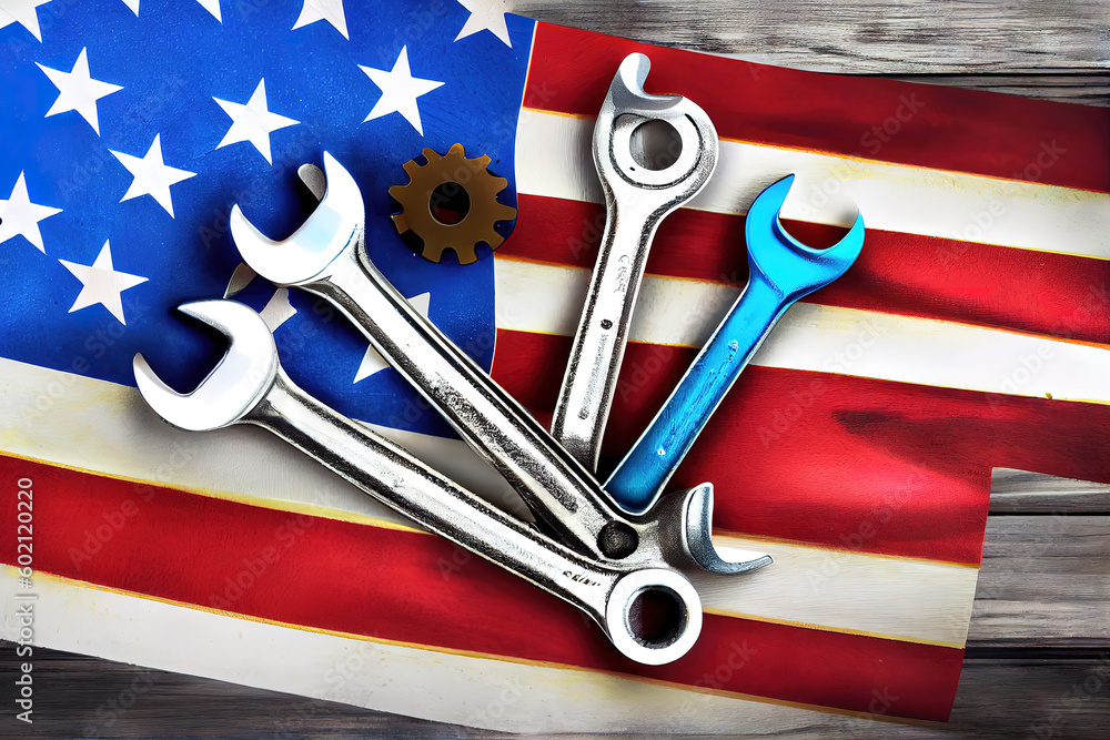 Poster top view design concept of american labor day with working tools. generative ai