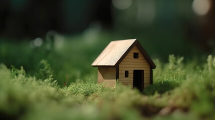 Miniature wooden house in grass. Eco friendly  mini house. AI generation - obrazy, fototapety, plakaty