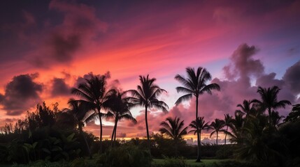 Fototapeta na wymiar Colorful clouds hovering over palm trees Generative AI