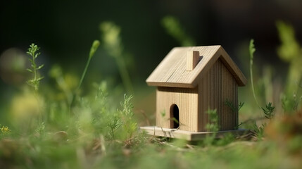 Miniature wooden house in grass. Eco friendly  mini house. AI generation