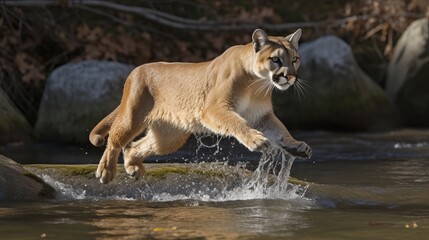 Mountain lion or cougar jumping into the water Generative AI