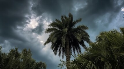 Low angle view of palm tree against cloudy sky Generative AI