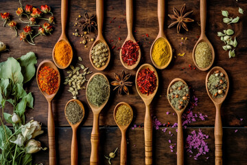Rustic spoons filled with spices and herbs on a wood table, youthful energy. Generative Ai.