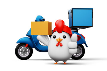 Cute chicken holding a parcel box, delivery chicken, 3d rendering