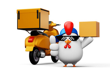 Cute chicken holding a parcel box, delivery chicken, 3d rendering