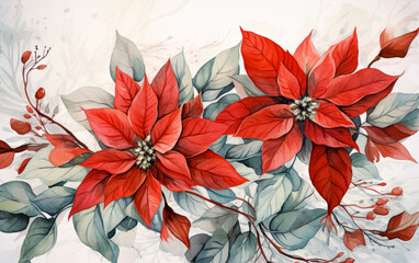 Red poinsettia and pine branches on white background, scattered composition. Generative AI.
