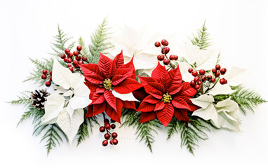 Fototapeta na wymiar Red poinsettia and pine branches on white background, scattered composition. Generative AI. 