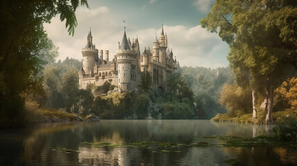 Fototapeta na wymiar A generative ki illustration of a romantic castle on a lake with idyllic surroundings.