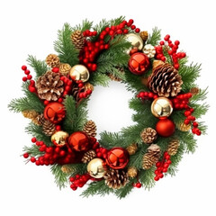 Fototapeta na wymiar Christmas wreath isolated on white background, holiday decoration, post-processed, generative ai