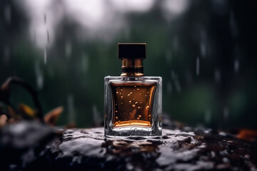 Modern glass men perfume bottle among black rocks in the rain, fragrance and perfumery, post-processed, generative ai - obrazy, fototapety, plakaty