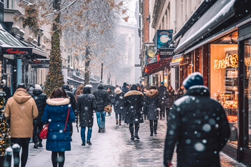 Crowdy street during Christmas shopping, snowing winter in the city, post-processed, generative ai