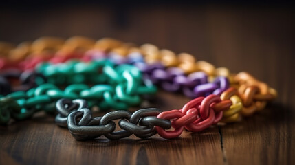 Rainbow chain 3D model on wooden background. Colored plastic chain. 3D render colorful chain links. Realistic 3D illustration. Generative AI
