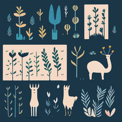 Hand drawn vector abstract graphic cartoon illustrations cards set template with beauty cute minimalistic style wildlife Llama print set. Wild life Llama animal concept design art