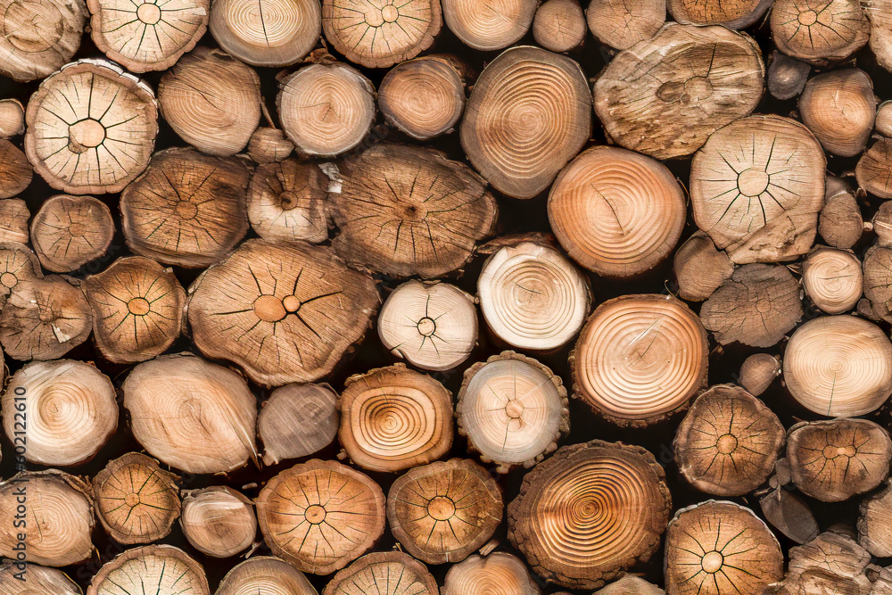 Poster tile. seamless pattern background of wooden logs stacked up in a pile. wood texture. generative ai