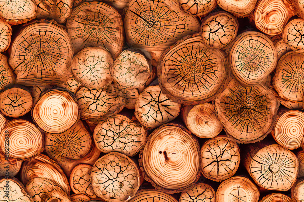 Poster tile. seamless pattern background of wooden logs stacked up in a pile. wood texture. generative ai