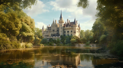 Obraz premium A generative ki illustration of a romantic castle on a lake with idyllic surroundings.